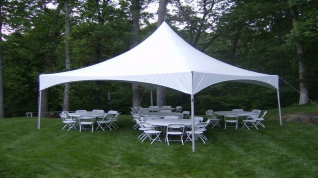 White high peak tent rental setup with round tables and chairs on grass in Valley Stream NY backyard event